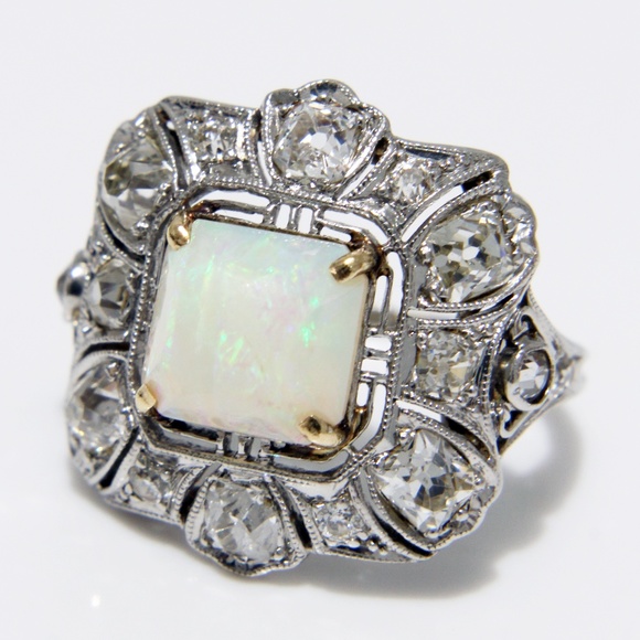 Art Deco Cocktail Ring Opal and Diamond Vintage Platinum Rare Early 20th C - Picture 11 of 16